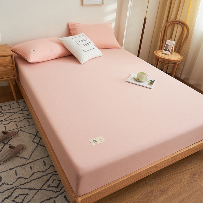 91家纺网 家纺一手货源 找家纺 21度C 2024新款色织全棉水洗棉床笠 洛卡-粉