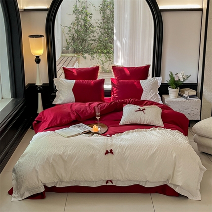 优然居家纺 2023秋冬新品澳棉拼接刺绣工艺四件套-妮可 妮可-红
