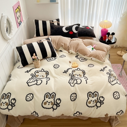 顾里家纺 2023新款ins韩风∙立体牛奶雪花绒系列四件套 兔熊好友