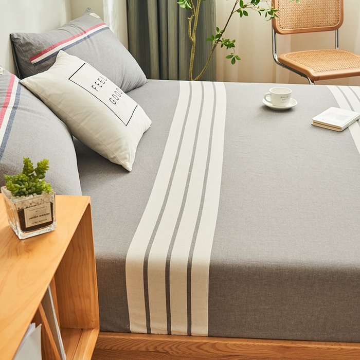 91家纺网 家纺一手货源 找家纺 21度C 2024新款色织全棉水洗棉床笠 光阴灰