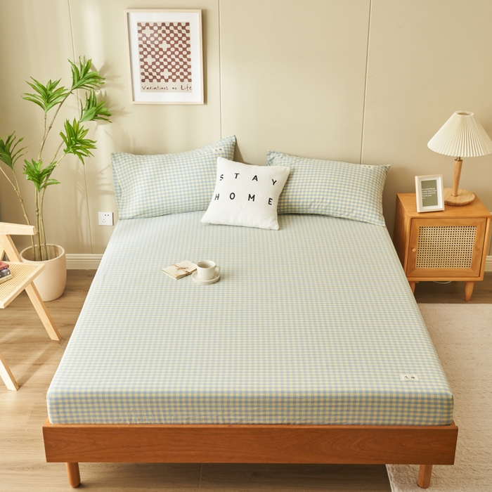 91家纺网 家纺一手货源 找家纺 21度C 2024新款色织全棉水洗棉床笠 琉璃格