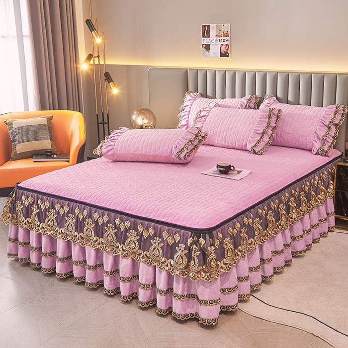 91家纺网 家纺一手货源 找家纺 虹星家纺 2023新款牛奶绒夹棉蕾丝可拆卸床裙系列单床裙 梦幻巴黎 柔紫