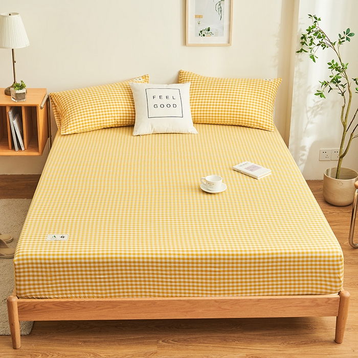 91家纺网 家纺一手货源 找家纺 21度C 2024新款色织全棉水洗棉床笠 浅黄小格