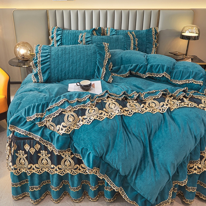 91家纺网 家纺一手货源 找家纺 虹星家纺 2023新款牛奶绒夹棉蕾丝可拆卸床裙系列四件套 梦幻巴黎 海兰