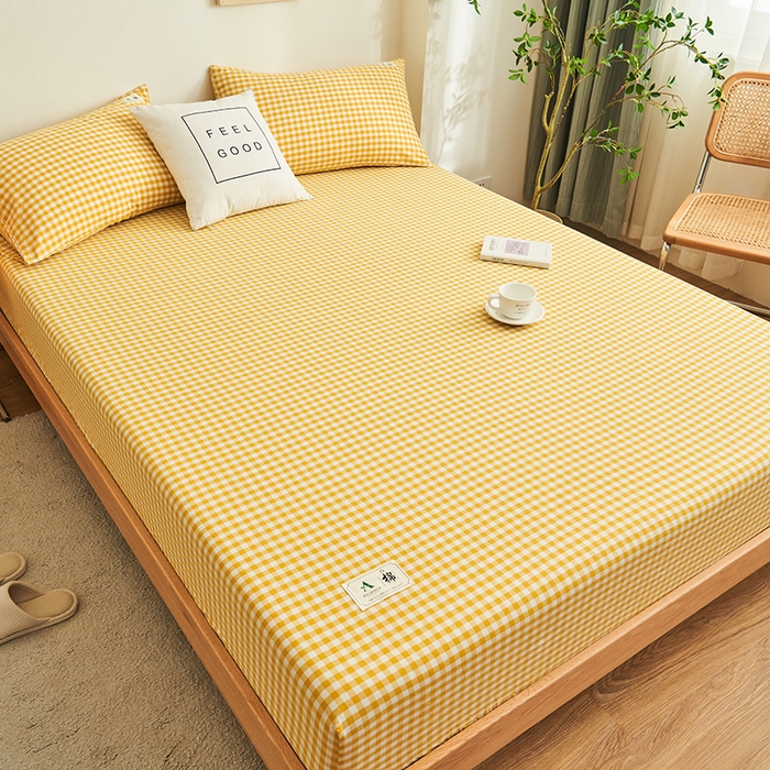 91家纺网 家纺一手货源 找家纺 21度C 2024新款色织全棉水洗棉床笠 浅黄小格