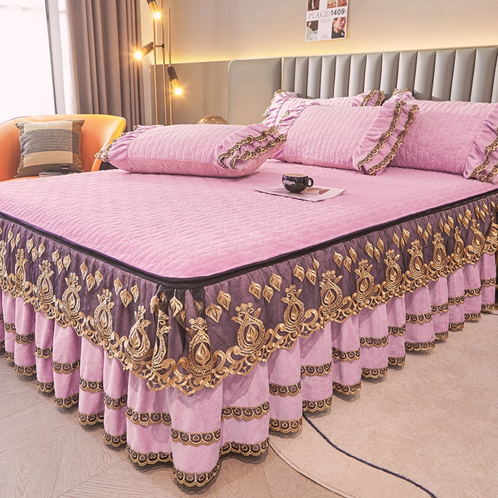 91家纺网 家纺一手货源 找家纺 虹星家纺 2023新款牛奶绒夹棉蕾丝可拆卸床裙系列单床裙 梦幻巴黎 柔紫