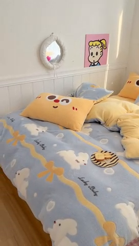 91家纺网 家纺一手货源 找家纺 顾里家纺 2023新款ins韩风∙立体牛奶雪花绒系列四件套 丝带小兔蓝