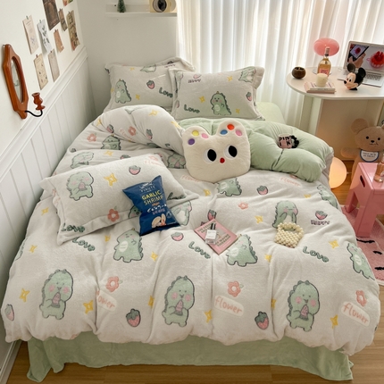 顾里家纺 2023新款ins韩风∙立体牛奶雪花绒系列四件套 小小恐龙