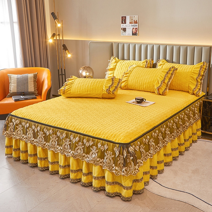 91家纺网 家纺一手货源 找家纺 虹星家纺 2023新款牛奶绒夹棉蕾丝可拆卸床裙系列单床裙 酒梦幻巴黎 柠檬黄