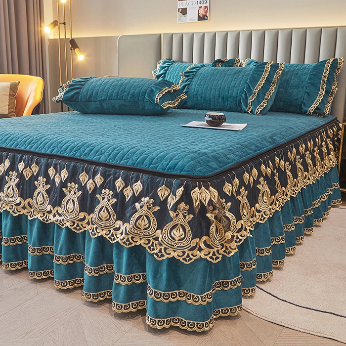 91家纺网 家纺一手货源 找家纺 虹星家纺 2023新款牛奶绒夹棉蕾丝可拆卸床裙系列单床裙 梦幻巴黎 海兰