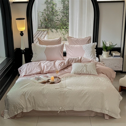 优然居家纺 2023秋冬新品澳棉拼接刺绣工艺四件套-妮可 妮可-粉