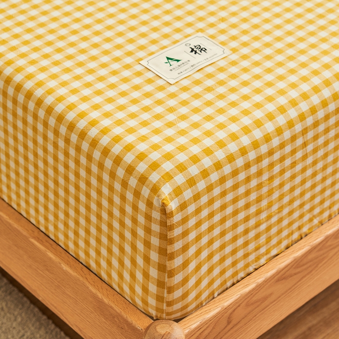 91家纺网 家纺一手货源 找家纺 21度C 2024新款色织全棉水洗棉床笠 浅黄小格