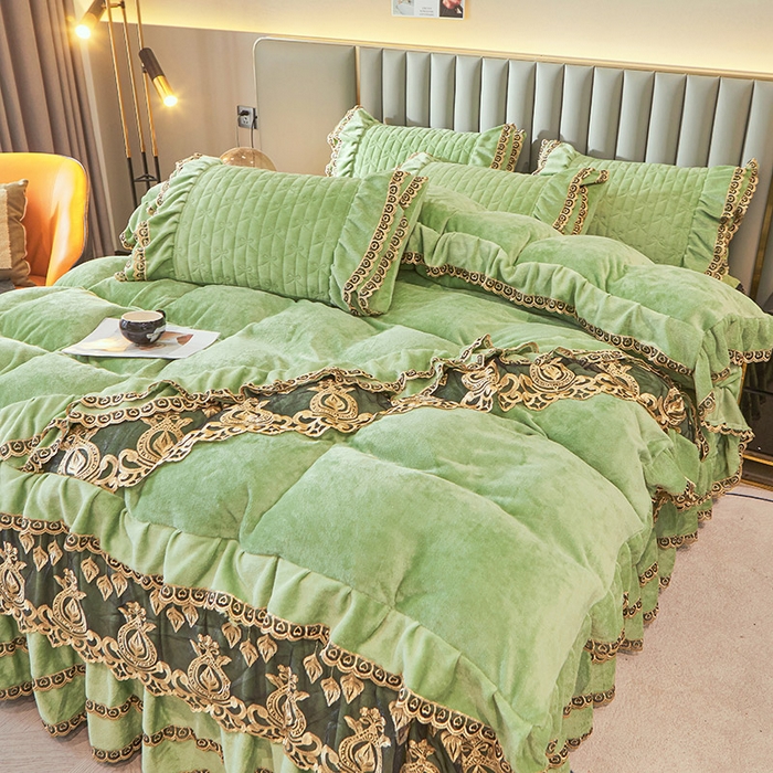 91家纺网 家纺一手货源 找家纺 虹星家纺 2023新款牛奶绒夹棉蕾丝可拆卸床裙系列四件套 梦幻巴黎 果绿