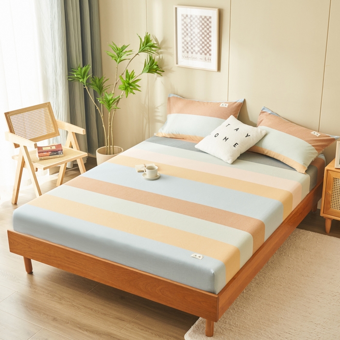 91家纺网 家纺一手货源 找家纺 21度C 2024新款色织全棉水洗棉床笠 七彩条