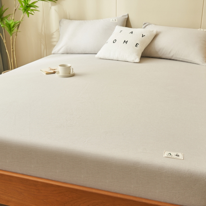 91家纺网 家纺一手货源 找家纺 21度C 2024新款色织全棉水洗棉床笠 密条灰