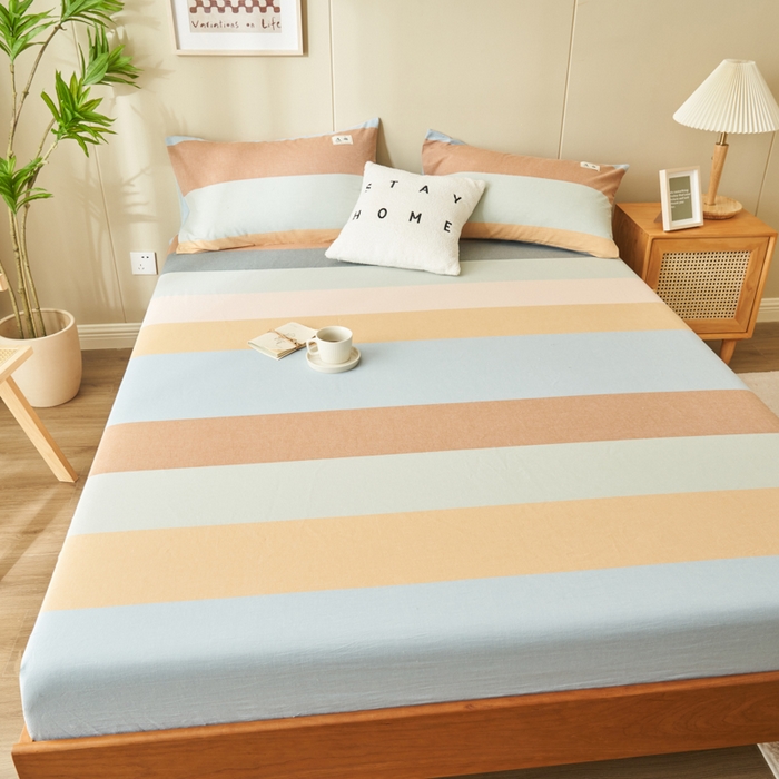 91家纺网 家纺一手货源 找家纺 21度C 2024新款色织全棉水洗棉床笠 七彩条