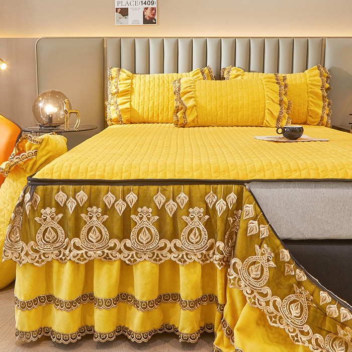 91家纺网 家纺一手货源 找家纺 虹星家纺 2023新款牛奶绒夹棉蕾丝可拆卸床裙系列四件套 梦幻巴黎 柠檬黄