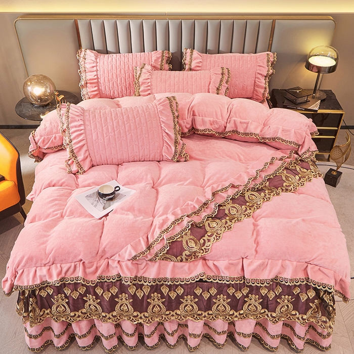 91家纺网 家纺一手货源 找家纺 虹星家纺 2023新款牛奶绒夹棉蕾丝可拆卸床裙系列四件套 梦幻巴黎 蜜玉