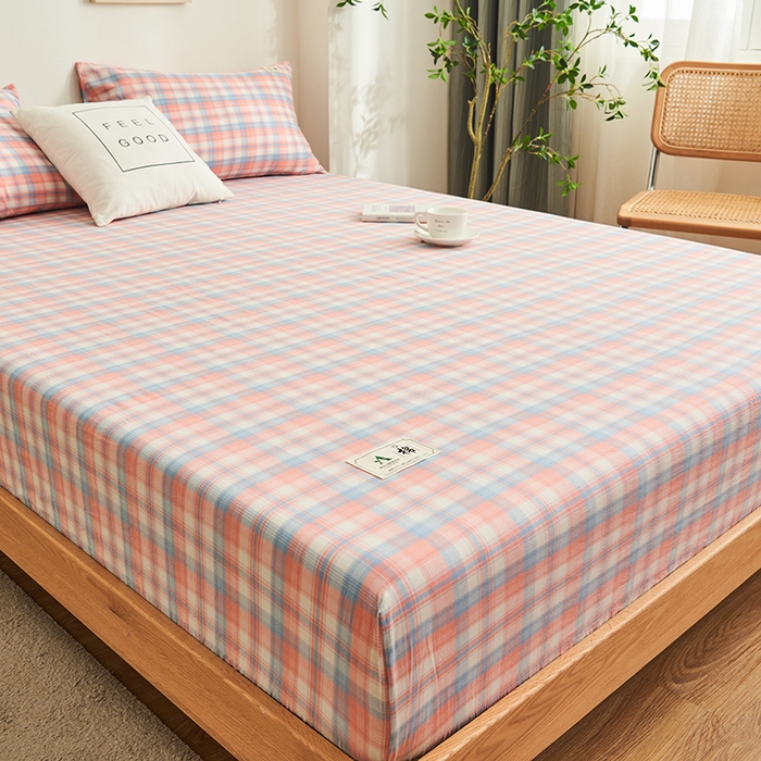 91家纺网 家纺一手货源 找家纺 21度C 2024新款色织全棉水洗棉床笠 七分格粉