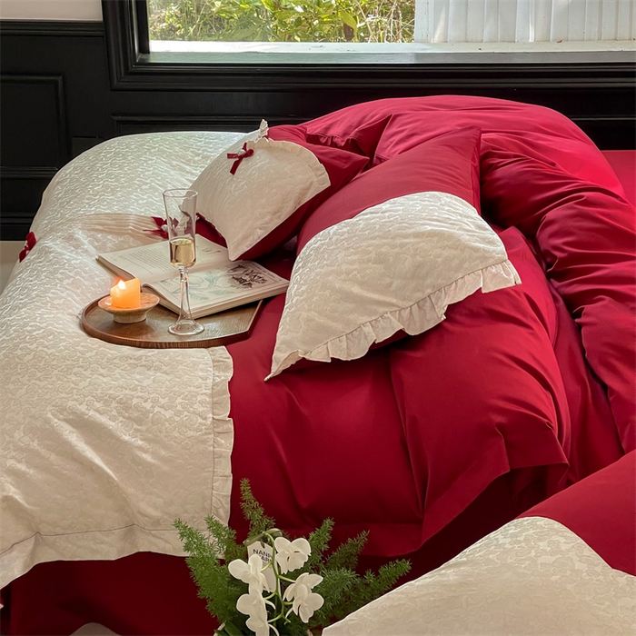 91家纺网 家纺一手货源 找家纺 优然居家纺 2023秋冬新品澳棉拼接刺绣工艺四件套-妮可 妮可-红