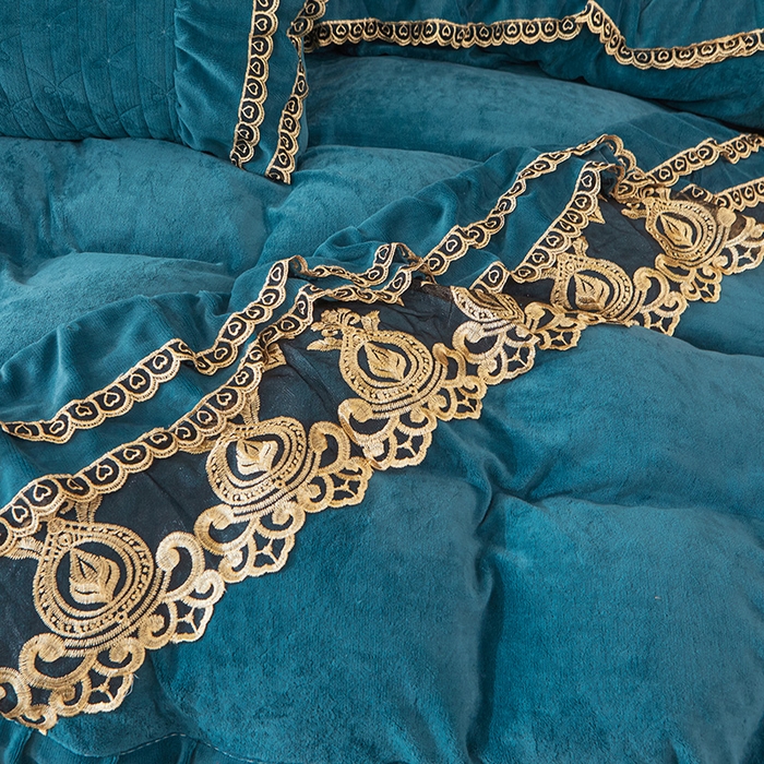 91家纺网 家纺一手货源 找家纺 虹星家纺 2023新款牛奶绒夹棉蕾丝可拆卸床裙系列四件套 梦幻巴黎 海兰