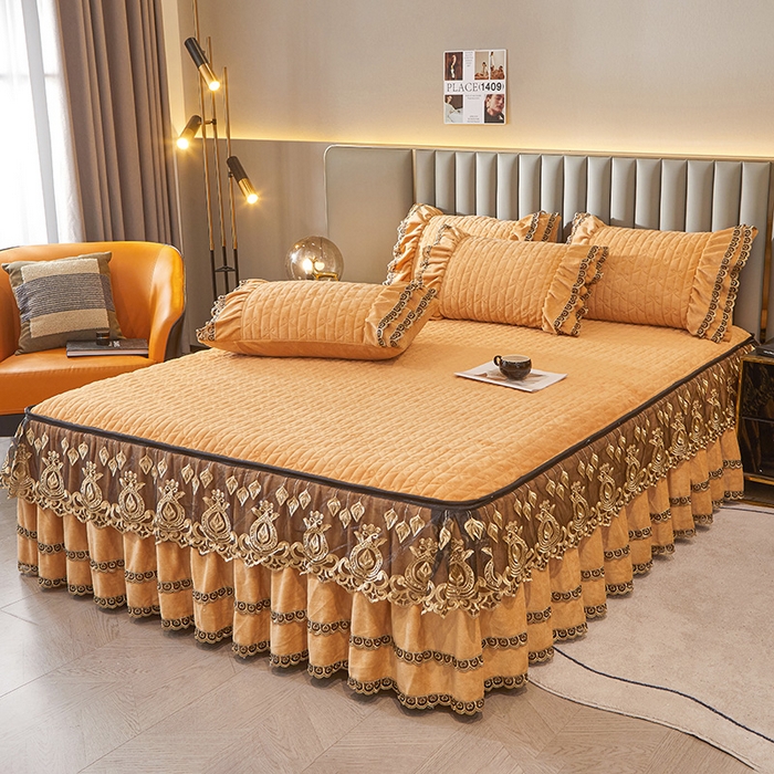 91家纺网 家纺一手货源 找家纺 虹星家纺 2023新款牛奶绒夹棉蕾丝可拆卸床裙系列单床裙 梦幻巴黎 暖杏