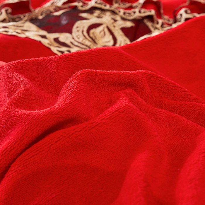 91家纺网 家纺一手货源 找家纺 虹星家纺 2023新款牛奶绒夹棉蕾丝可拆卸床裙系列四件套 梦幻巴黎 大红