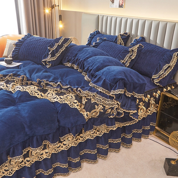 91家纺网 家纺一手货源 找家纺 （总）虹星家纺 2023新款牛奶绒夹棉蕾丝可拆卸床裙系列四件套