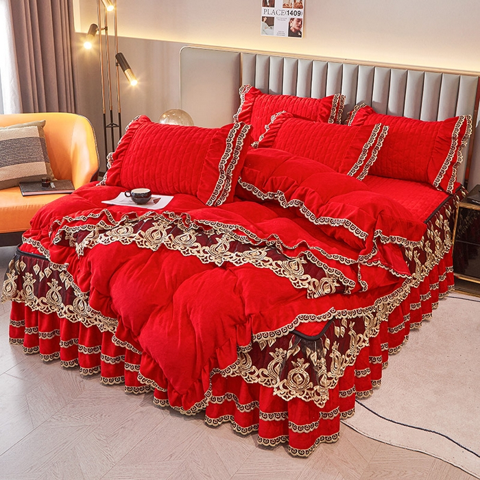 91家纺网 家纺一手货源 找家纺 虹星家纺 2023新款牛奶绒夹棉蕾丝可拆卸床裙系列四件套 梦幻巴黎 大红