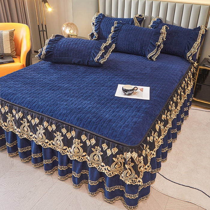 91家纺网 家纺一手货源 找家纺 虹星家纺 2023新款牛奶绒夹棉蕾丝可拆卸床裙系列单床裙 梦幻巴黎 宝蓝