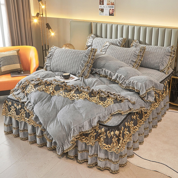 91家纺网 家纺一手货源 找家纺 虹星2023新款牛奶绒夹棉蕾丝可拆卸床裙系列四件套 梦幻巴黎 时尚灰