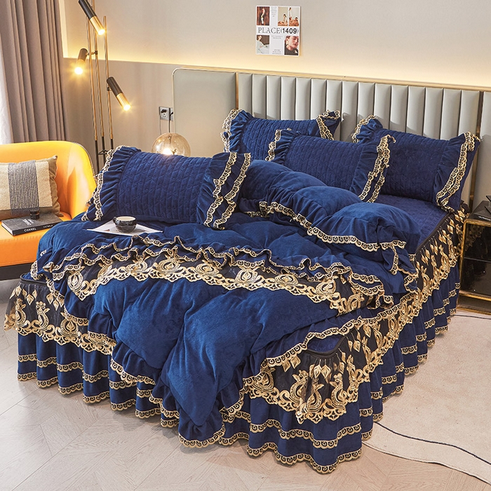 91家纺网 家纺一手货源 找家纺 虹星家纺 2023新款牛奶绒夹棉蕾丝可拆卸床裙系列四件套 梦幻巴黎 宝蓝