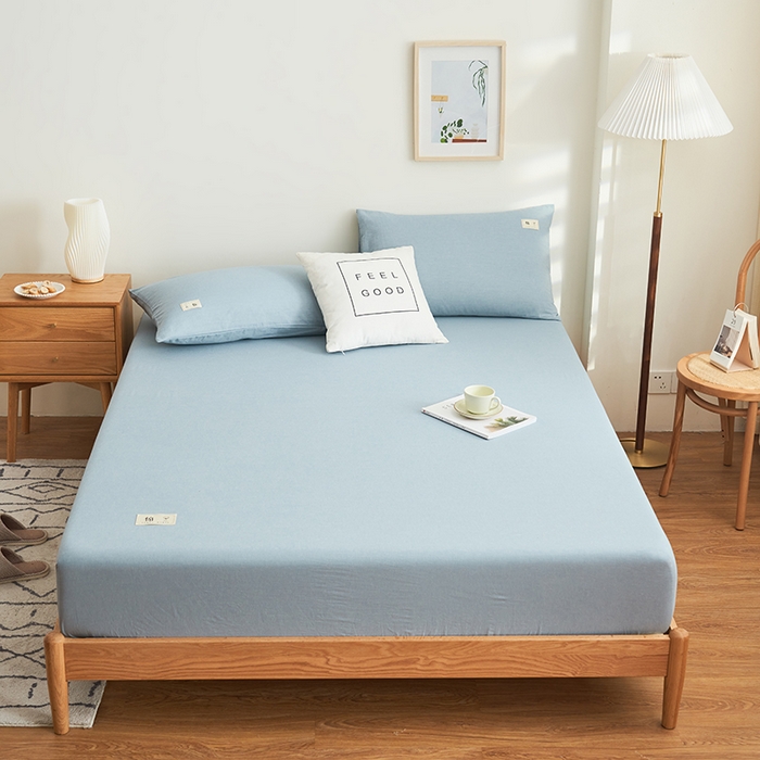 91家纺网 家纺一手货源 找家纺 21度C 2024新款色织全棉水洗棉床笠 洛卡-蓝