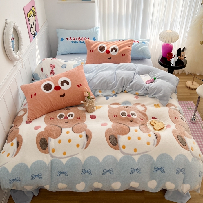 91家纺网 家纺一手货源 找家纺 顾里家纺 2023新款ins韩风∙立体牛奶雪花绒系列四件套 大眼熊