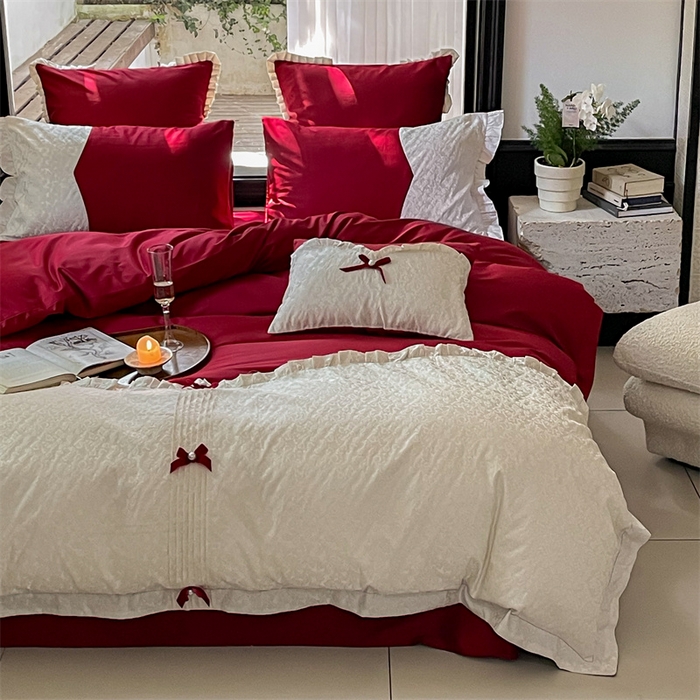 91家纺网 家纺一手货源 找家纺 优然居家纺 2023秋冬新品澳棉拼接刺绣工艺四件套-妮可 妮可-红
