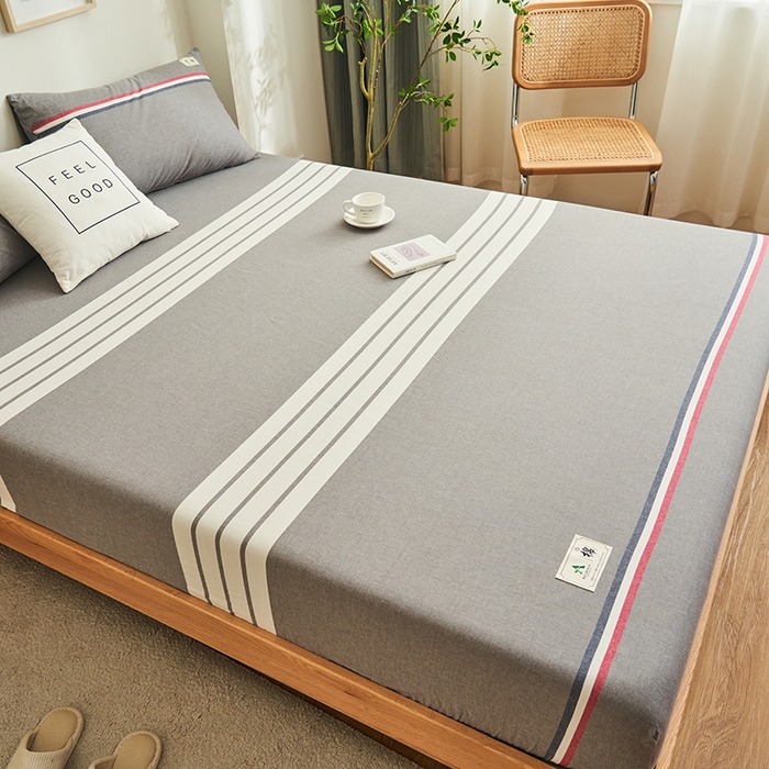 91家纺网 家纺一手货源 找家纺 21度C 2024新款色织全棉水洗棉床笠 光阴灰