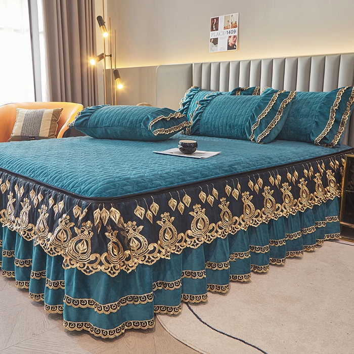 91家纺网 家纺一手货源 找家纺 虹星家纺 2023新款牛奶绒夹棉蕾丝可拆卸床裙系列单床裙 梦幻巴黎 海兰