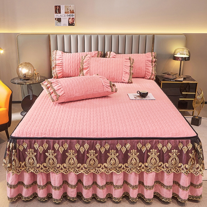 91家纺网 家纺一手货源 找家纺 虹星家纺 2023新款牛奶绒夹棉蕾丝可拆卸床裙系列单床裙 梦幻巴黎 蜜玉