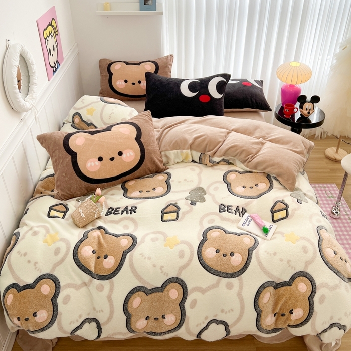 91家纺网 家纺一手货源 找家纺 顾里家纺 2023新款ins韩风∙立体牛奶雪花绒系列四件套 小树熊