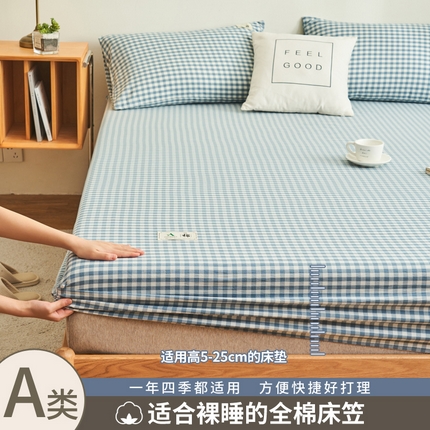 21度C 2024新款色织全棉水洗棉床笠 蓝小格