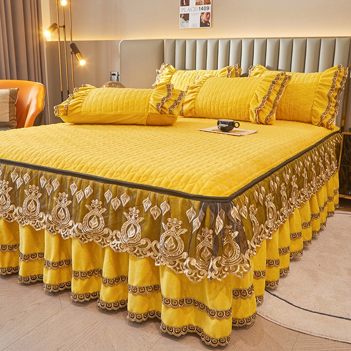 91家纺网 家纺一手货源 找家纺 虹星家纺 2023新款牛奶绒夹棉蕾丝可拆卸床裙系列单床裙 酒梦幻巴黎 柠檬黄