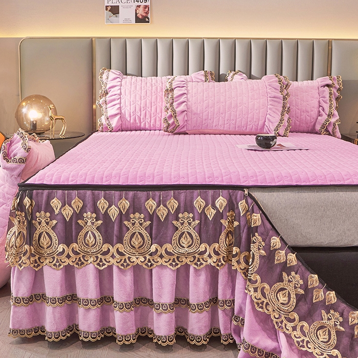 91家纺网 家纺一手货源 找家纺 虹星家纺 2023新款牛奶绒夹棉蕾丝可拆卸床裙系列四件套 梦幻巴黎 柔紫