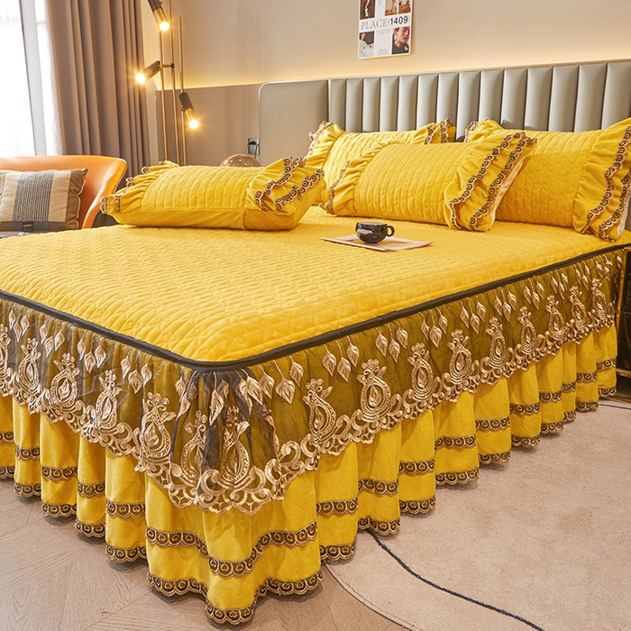 91家纺网 家纺一手货源 找家纺 虹星家纺 2023新款牛奶绒夹棉蕾丝可拆卸床裙系列单床裙 酒梦幻巴黎 柠檬黄