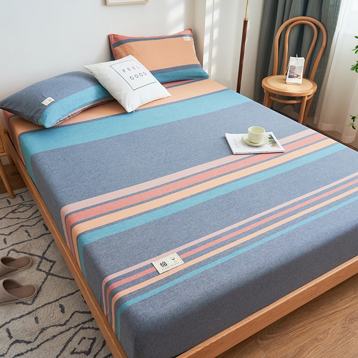 91家纺网 家纺一手货源 找家纺 21度C 2024新款色织全棉水洗棉床笠 兰陵彩条