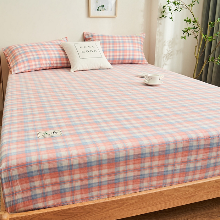 91家纺网 家纺一手货源 找家纺 21度C 2024新款色织全棉水洗棉床笠 七分格粉