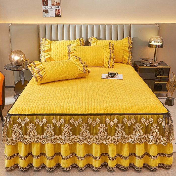 91家纺网 家纺一手货源 找家纺 虹星家纺 2023新款牛奶绒夹棉蕾丝可拆卸床裙系列单床裙 酒梦幻巴黎 柠檬黄