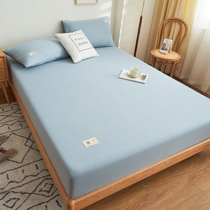 91家纺网 家纺一手货源 找家纺 21度C 2024新款色织全棉水洗棉床笠 洛卡-蓝