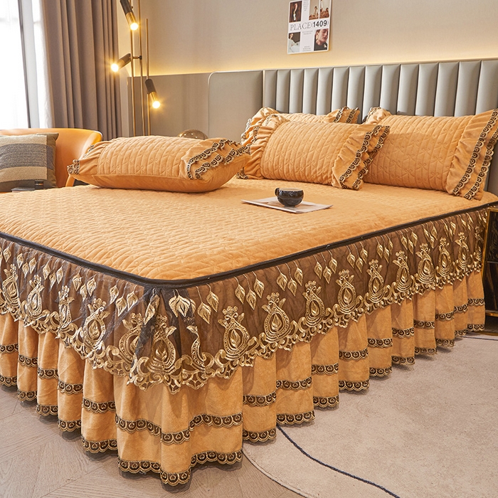 91家纺网 家纺一手货源 找家纺 虹星家纺 2023新款牛奶绒夹棉蕾丝可拆卸床裙系列单床裙 梦幻巴黎 暖杏