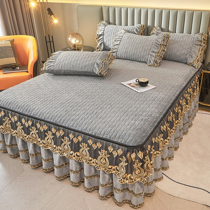 91家纺网 家纺一手货源 找家纺 虹星家纺 2023新款牛奶绒夹棉蕾丝可拆卸床裙系列单床裙 梦幻巴黎 时尚灰