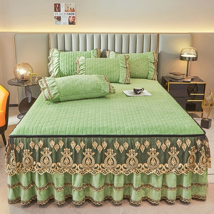 虹星家纺 2023新款牛奶绒夹棉蕾丝可拆卸床裙系列单床裙 梦幻巴黎 果绿